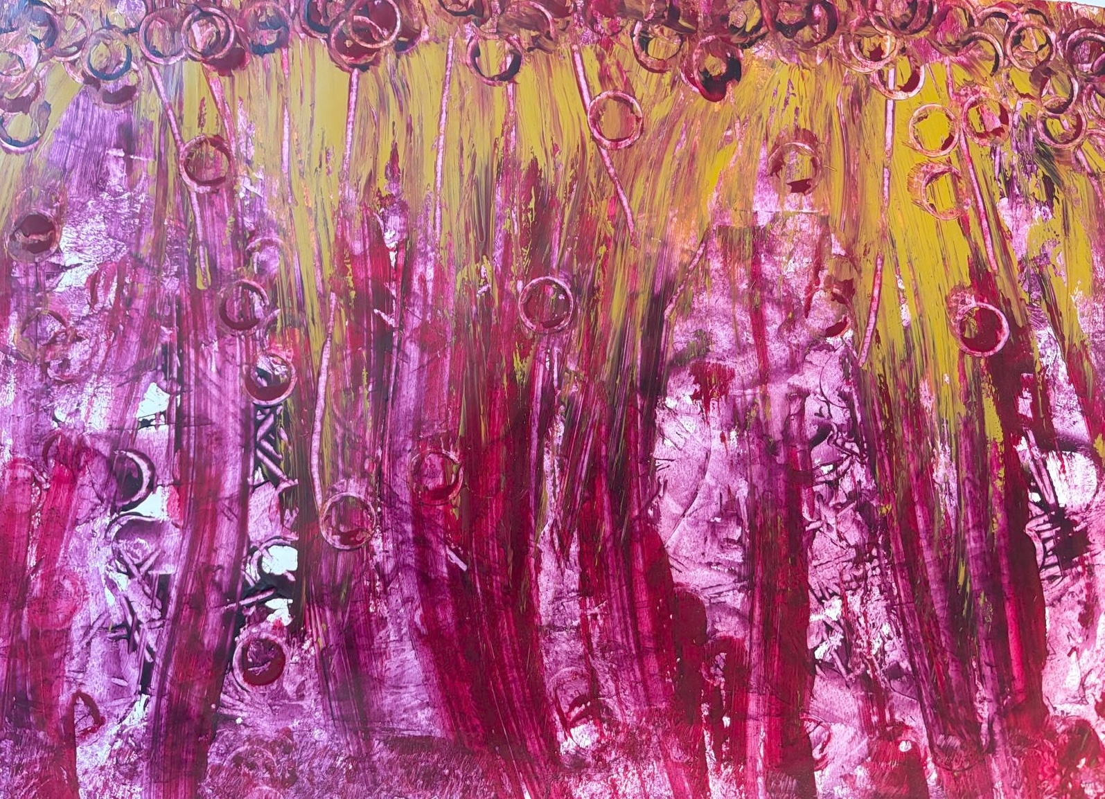 Abstract artwork in magenta and yellow, with vertical textures and circular forms.